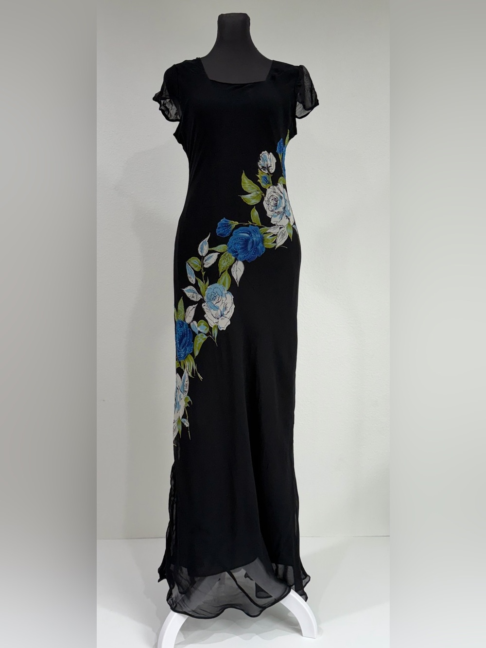 Vtg American Angel Black Blue Floral Beaded Maxi Dress Sz M Y2K Formal